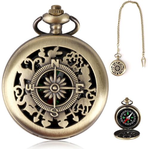Eryi-Boussole Vintage Avec Chaîne, Mini Boussoles Survie Navigation Extérieure Portable, Compas D'orientation Professionnel Étanches, Compass Poche Classique Laiton Pour Camping Randonnée
