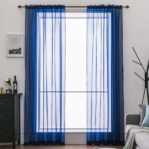Eryi-2 Panneaux Couleur Pure Rideaux De Fenêtre Transparents Lisse Élégant Panneaux Voile De Fenêtre/Rideaux/Traitement Pour Chambre Salon Bleu Foncé 140x175cm Tige De Poche