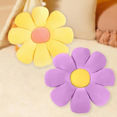 Eryi-Lot De 2 Coussins De Sol En Peluche En Forme De Fleur - Coussin En Peluche - Coussin De Canapé Douillet - Pour Chambre D'enfant, Maison, Canapé - 40 X 40 Cm - Jaune Et Violet
