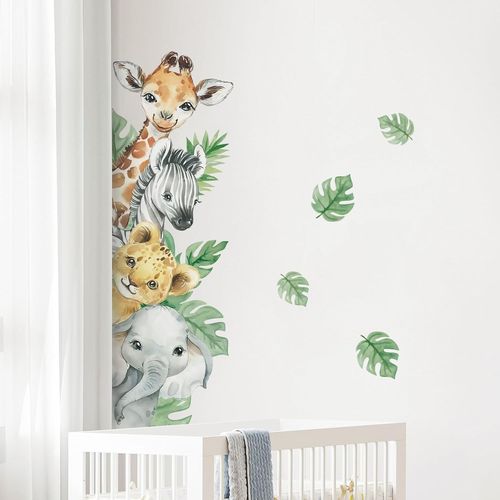 ERYI-Stickers Muraux Animaux De La Jungle Autocollants Muraux Animal De Dessin Animé Sticker Mural Girafe Zèbre Feuilles Vertes Pour Chambre De Bébé Pépinière D'Enfant Décoration Murale