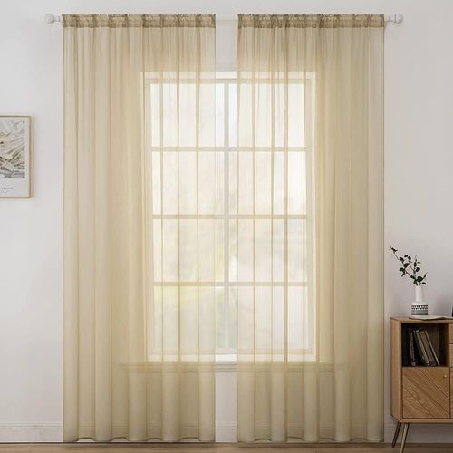 Eryi-2 Panneaux Couleur Pure Rideaux De Fenêtre Transparents Lisse Élégant Panneaux Voile De Fenêtre/Rideaux/Traitement Pour Chambre Salon 140x145cm Tige De Poche Beige