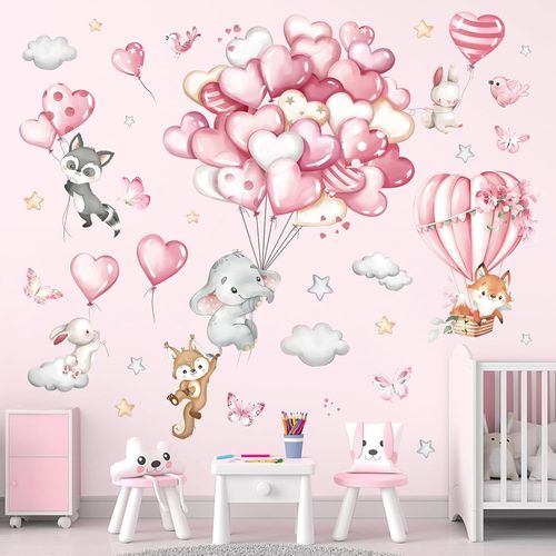 ERYI-Stickers Muraux Animaux Forêt Ballon Rose Autocollant Mural Montgolfière Éléphant Renard Décoration Murale Chambre Filles Enfants Bébé Pépinière