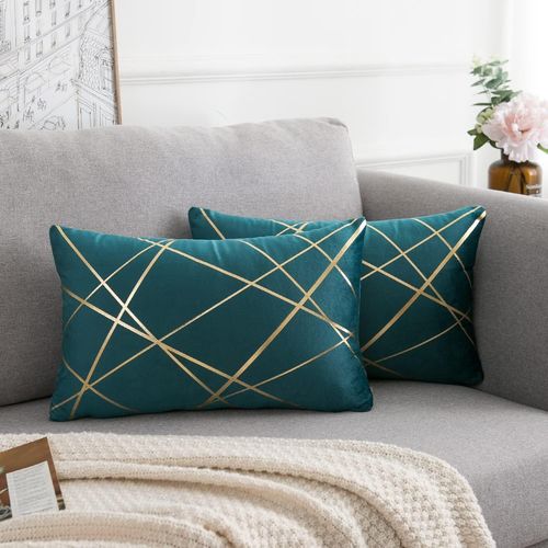 Eryi-Velours Housse De Coussin 30x50 Cm Bleu Vert Coussin Lignes Dorées Décoratifs Housses D'oreiller Géométrie Coussin Salon Chambre Banc Auto Taie Coussin Canapé Hivernal Lot De 2