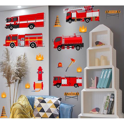 Eryi-Stickers Muraux Rouge Pompiers Camions Stickers Mural Transport Véhicule Pour Garçons Chambre À Coucher Enfants Salle De Jeux