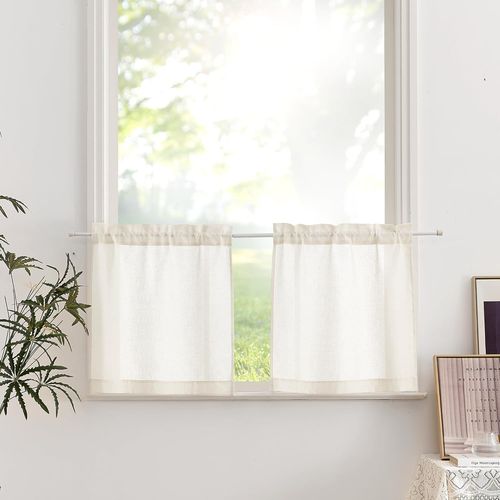 Eryi-Rideaux Lin Court - Rideau Cuisine 60x60 Draperies Voile Voilage En Lin Lumiere Filtrer Passe Tringle Petite Fenetre Brise Bise, L60 X H60cm, Écru, 2 Pièces