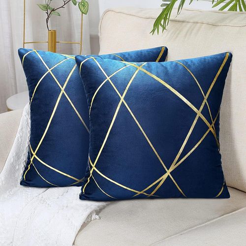 Eryi-Grand Housse De Coussin 50x50 Cm Moderne Velours Coussin Bleu Marine Décoratifs Housses D'oreiller Lignes Dorées Géométrie Coussin Salon Chambre Banc Taie Coussin Canapé Été Lot De 2