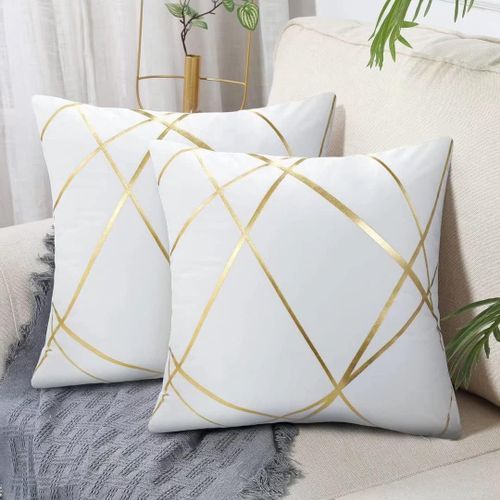 Eryi-Velours Housse De Coussin 45 X 45cm Coussin Blanche Décoratifs Housses D'oreiller Lignes Dorées Géométrie Coussin Salon Banc Taie Coussin Canapé Lot De 2