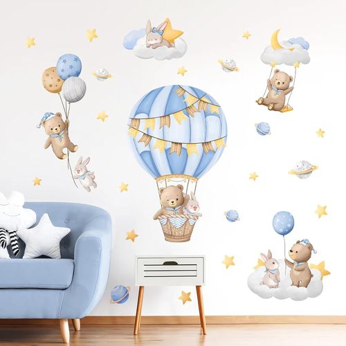 ERYI-Montgolfière Bleu Autocollant Mural Ours Lapin Étoiles Nuage Stickers Muraux Animaux Dessin Animé Décoration Murale Pour Bébé Pépinière Chambre Enfants Salon Mur Tv