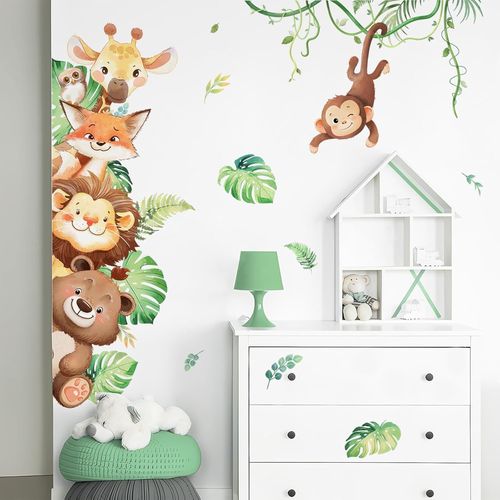 ERYI-Animal De Dessin Animé Sticker Mural Animaux De La Jungle Vigne Autocollant Mural Ours Singe Girafe Lion Décoration Murale Pour Chambre Enfants Bébé Pépinière Salon