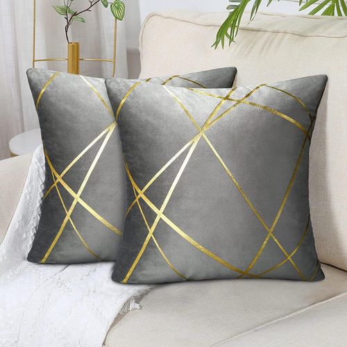 Eryi-Moderne Housse De Coussin 50x50 Cm Grand Velours Coussin Gris Décoratifs Housses D'oreiller Lignes Dorées Géométrie Coussin Salon Chambre Banc Taie Coussin Canapé Été Lot De 2