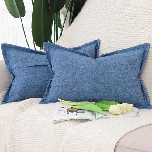 Eryi-Lot De 2 Doux Housses De Coussin En Lin Avec Bordure Large Décoratif Coussin Couvre Style De Luxe Pour Canapé De Chambre Bleu Denim 40x80 Cm