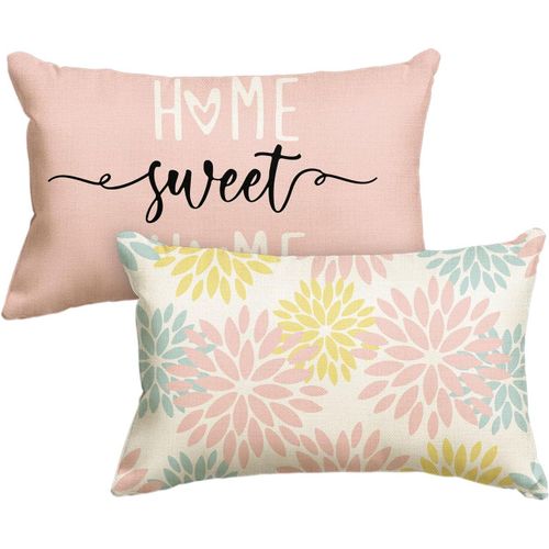 Eryi-Lot De 2 Housses De Coussin Décoratives À Fleurs De Dahlia, 30 X 50 Cm, Pour Canapé, Salon, Extérieur, Rose Et Bleu