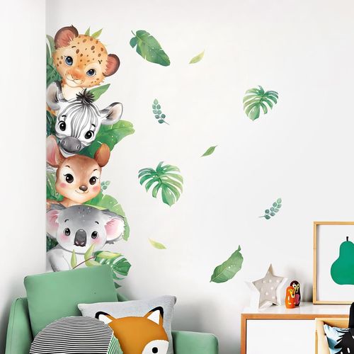 ERYI-Safari Stickers Muraux Animaux De La Jungle Autocollants Muraux Animal Dessin Animé Sticker Mural Guépard Zèbre Cerf Koala Décoration Murale Pour Chambre De Bébé Pépinière D'Enfant