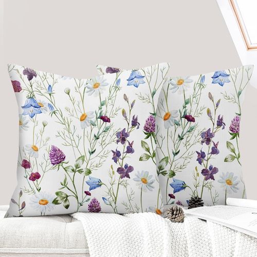 Eryi-Lot De 2 Decorative Housse De Coussin 50x50 Cm Flowers Housse De Canapé Décoratifs Motif Plante À Fleurs Sauvages Taie D'oreiller Pour Maison Salon Chambre Et Ferme - Marguerite Violette