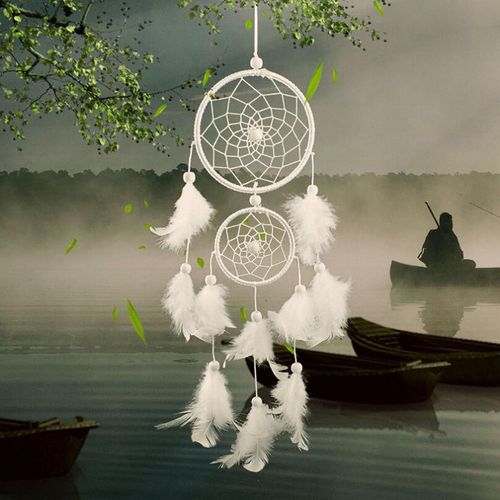 ERYI-Capteur De Reves En Plumes, Grand Attrape Rêve Avec 2 Cercles Pour Chambre Maison Décoration,Noël, Tenture Murale Mobile Decoratif Filles Enfants Cadeau (Blanche)