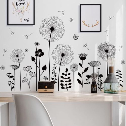 Eryi-Stickers Muraux Pissenlit Noir Autocollants Muraux Fleurs Autocollant Mural Fleurs De Pissenlit Sticker Mural Plantes Pour Salons Chambres Bureaux Canapé Fond Décoration Murale De La Maison
