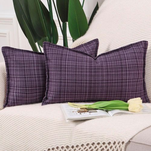 Eryi-Lot De 2 Doux Extérieur Housses De Coussin En Polyester Et Lin Avec Bordure Décoratif Coussin Couvre Style De Luxe Pour Patio Canapé De Chambre Violet 30x50 Cm