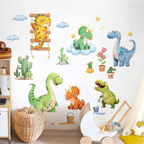 ERYI-Stickers Muraux Enfants Dinosaure Aquarelle Autocollant Mural Mignon Dessin Animé Dino Jouant Decoration Chambre Bebe Le Salon Pépinière Mur