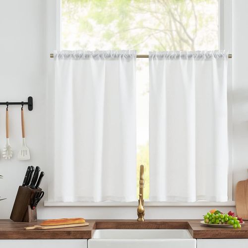 Eryi-Lot De 2 Rideau Lin Rideaux Cuisine 63 X 60 Cm (L X H) Blanc Rideaux Texturés Semi-Transparent Filtrage La Lumière Fenêtre Rideau Brise-Bise Court Decoration Placard Salon Chambre