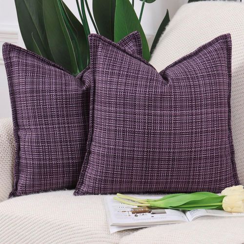 Eryi-Lot De 2 Doux Extérieur Housses De Coussin En Polyester Et Lin Avec Bordure Décoratif Coussin Couvre Style De Luxe Pour Patio Canapé De Chambre Violet 45x45 Cm