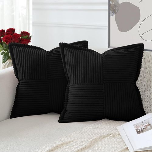 Eryi-Lot De 2 Boho Housse De Coussin En Velours Côtelé Croisé Canapé Taie D'oreiller En Velours Douce Pour Maison Salon Chambre Decorative Noir 40 X 40 Cm