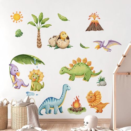 ERYI-Stickers Muraux Enfants Aquarelle Terre Des Dinosaures Autocollant Mural Mignon Dessin Animé Dino Jouant Decoration Chambre Bebe Le Salon Pépinière Mur