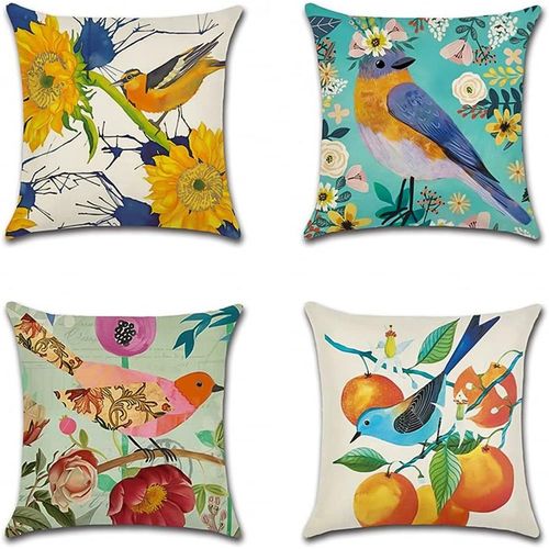 Eryi-Extérieur Housse De Coussin, Lot De 4 Imperméable Fleurs Et Oiseaux Classiques Motif Canapé Taie D'oreiller Pour Patio Jardin Salon Chambre Décoration, 50x50cm