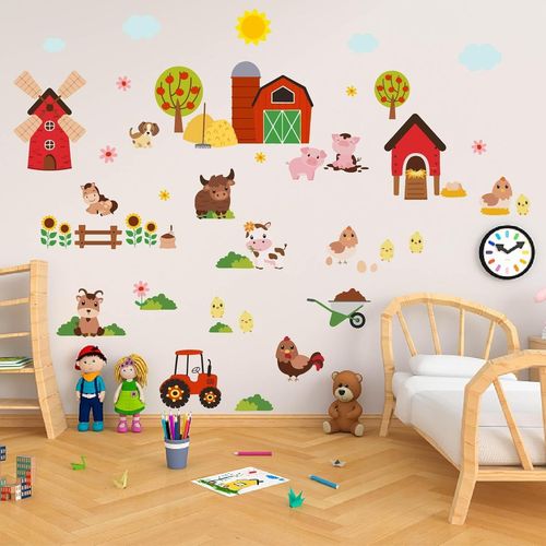 ERYI-2 Feuilles Mignon Animaux De La Ferme Stickers Muraux Dessin Animé Vache Cochon Ferme Maison Stickers Muraux Pour Chambre Salle De Jeux Pépinière Armoire Porte Décor Autocollants