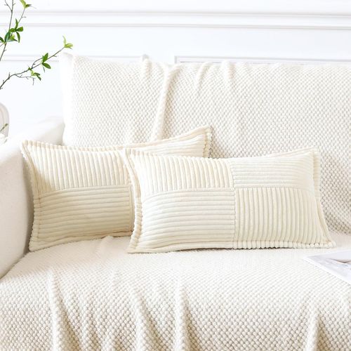 Eryi-Lot De 2 Boho Housse De Coussin En Velours Côtelé Croisé Canapé Taie D'oreiller En Velours Douce Pour Maison Salon Chambre Decorative Beige 30 X 50 Cm