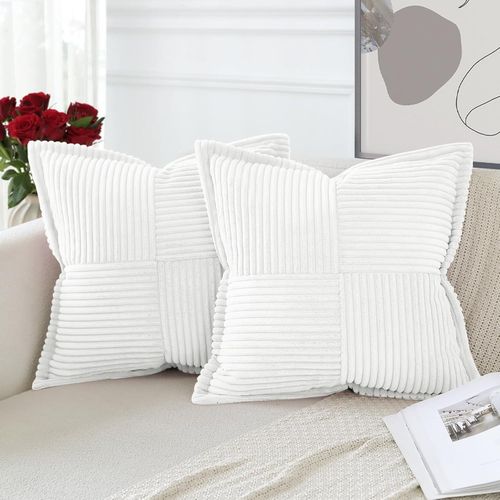 Eryi-Lot De 2 Boho Housse De Coussin En Velours Côtelé Croisé Canapé Taie D'oreiller En Velours Douce Pour Maison Salon Chambre Decorative Blanc 50 X 50 Cm