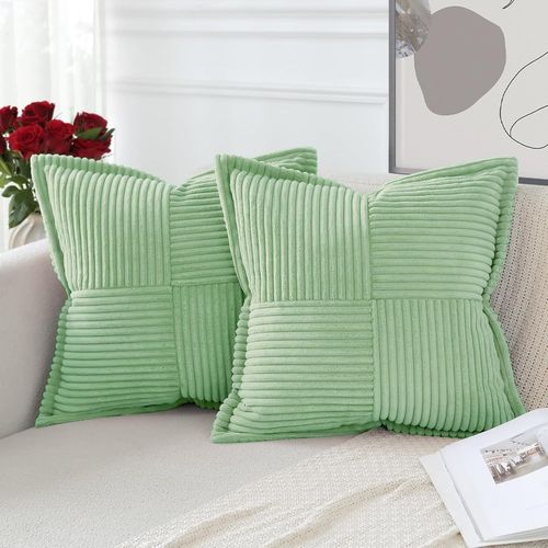 Eryi-Lot De 2 Boho Housse De Coussin En Velours Côtelé Croisé Canapé Taie D'oreiller En Velours Douce Pour Maison Salon Chambre Decorative Vert Sauge 45 X 45 Cm