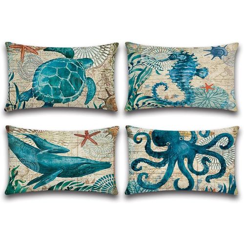 Eryi-Extérieur Housse De Coussin, Lot De 4 Imperméable La Vie Marine Bleue Motif Canapé Taie D'oreiller Pour Patio Jardin Salon Chambre Décoration, 30x50cm