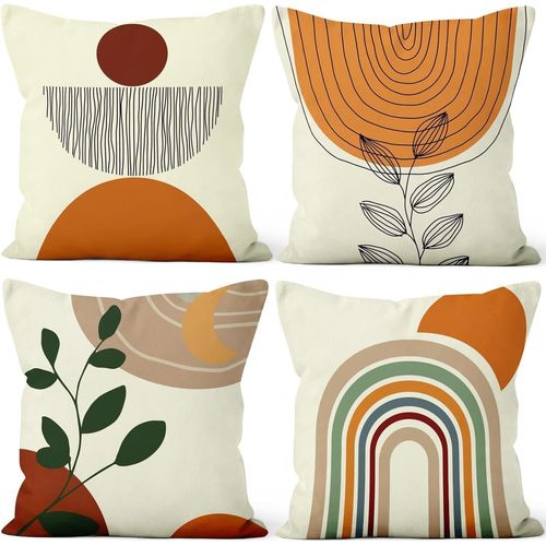 Eryi-Housse Coussin Abstrait, Taie Oreiller Boho Terracotta Géométrique Feuilles Vert Housse De Coussin Velours Taie D'oreiller Carré Housse Coussin Pour Lit Salon Masion Canapé, Lot De 4, 45x45cm