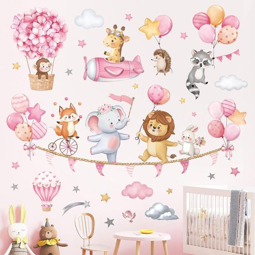 ERYI-Stickers Muraux Animaux Avec Ballons Rose Autocollant Mural Montgolfière Éléphant Lion Girafe Décoration Chambre Fille Enfants Bébé Pépinière Mur