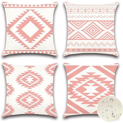 Eryi-Extérieur Housse De Coussin Rose, Lot De 4 Imperméable Géométrique Motif Canapé Taie D'oreiller Pour Patio Jardin Salon Chambre Décoration, 50x50cm (Géométrie Bohème)