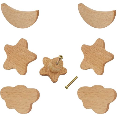 ERYI-6 Pièces Boutons D'Armoire En Bois, Bouton De Meuble, Lune Et D'Étoile Pour Chambres D'Enfants Armoires Décoration, Chambre D'Enfant Bois Massif Poignee De Meuble