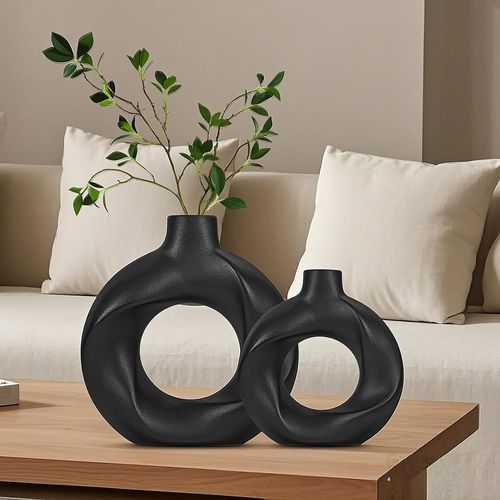 ERYI-Lot De 2 Vase Decoratif, Vase Fleur Noir, Vases Ceramique Rond, Vase Fleurs Séchées, Vase Decoratif Maison Pour Le Salon, La Salle À Manger Et La Chambre À Coucher (Noir (Grand + Petit))