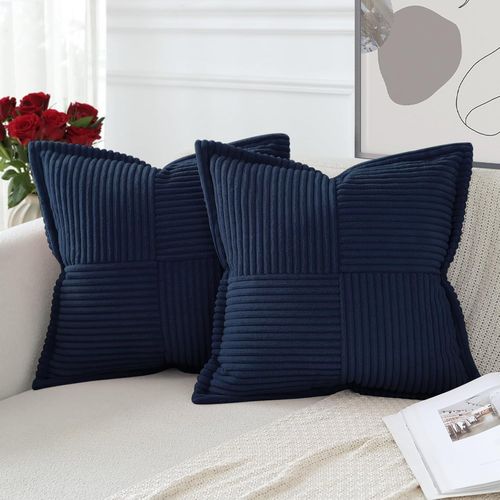 Eryi-Lot De 2 Boho Housse De Coussin En Velours Côtelé Croisé Canapé Taie D'oreiller En Velours Douce Pour Maison Salon Chambre Decorative Bleu Foncé 50 X 50 Cm