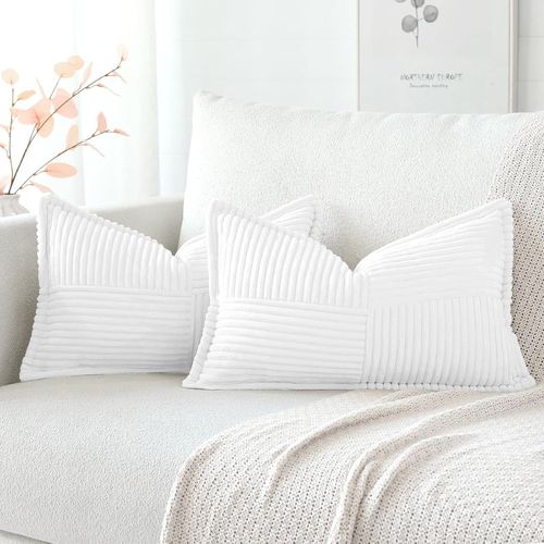 Eryi-Lot De 2 Boho Housse De Coussin En Velours Côtelé Croisé Canapé Taie D'oreiller En Velours Douce Pour Maison Salon Chambre Decorative Blanc 40 X 60 Cm