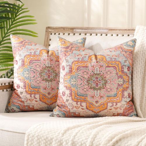 ERYI-Housse De Coussin Boheme 50X50 Rouge Boho Housse Coussin Lot De 2 Ethnique Decoratif Canape Rétro Décoratifs Pour Lit Chambre Chaise Extérieur Jardin Art Déco Automne