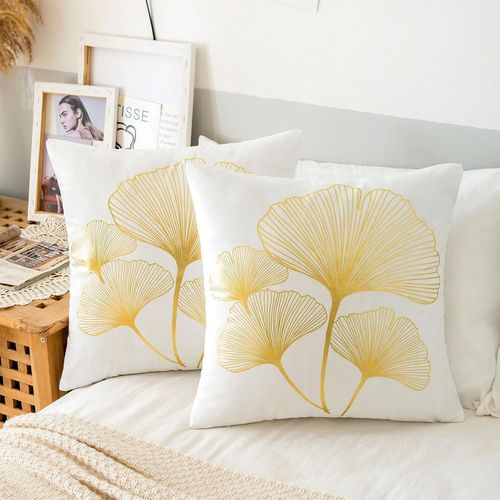 Eryi-Lot De 2 Housse De Coussin 50x50cm Housse De Coussin Canapé Taie D'oreiller Velours Or Ginkgo Biloba Housse De Coussin Moderne Housses De Coussin Carrées Pour Salon Canapé Lit Jardin Blanc