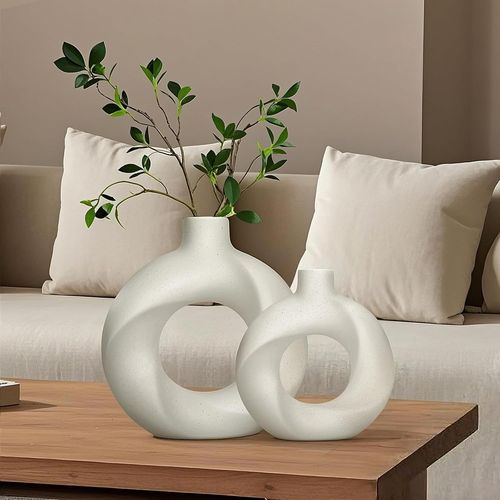 ERYI-Lot De 2 Vase Decoratif, Vase Fleur Blanc, Vases Beige Ceramique, Vase Fleurs Séchées, Vase Decoratif Maison Pour Le Salon, La Salle À Manger Et La Chambre À Coucher (Blanc (Grand + Petit))
