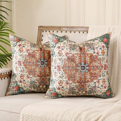 ERYI-Housse De Coussin Boheme 50X50 Vert Sapin Boho Housse Coussin Lot De 2 Ethnique Decoratif Canape Rétro Décoratifs Pour Lit Chambre Chaise Extérieur Jardin Art Déco Automne