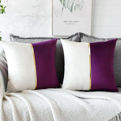 Eryi-Housse De Coussin En Velours, Lot De 2 Taie D'oreiller En Velours En Cuir Doré Moderne Minimaliste Pour Maison Salon Chambre Décoration D'intérieur 45 X 45 Cm (Violet Et Blanc)