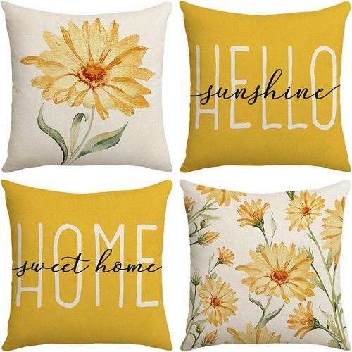 Eryi-Set De 4 Coussins 45x45cm Lin Housse Coussin, Taie D'oreiller Canapé Décoration Moderne Texte Fleurs Motif Imprimé Décoratif Salon Chambre À Coucher Fermeture Eclair Invisible, Jaune