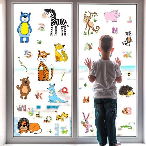 ERYI-®- [61 Pièces] Stickers Fenêtre Enfant Animaux + Lettres Réutilisable I Stickers Vitres Décoratifs Animaux Jungle Léopard Zèbre I Autocollant Fenêtre Chambre Garçon Bébé Enfant Déco