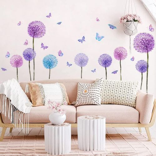 Eryi-®- Stickers Muraux Fleurs De Pissenlit Violets (110x62 Cm) I Autocollant Mural De Fleurs Pastel Lilas Plantes I Déco Murale Chambre Ado Fille Adulte Enfant Salon Cuisine Couloir