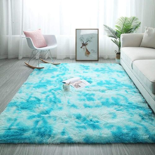 Eryi-Tapis Chambre Shaggy Pour Salon De Sol Grand Couloir Soft À Poils Longs Moelleux Antidérapant Intérieur Épais (Bleu Blanc, 80 * 120cm)