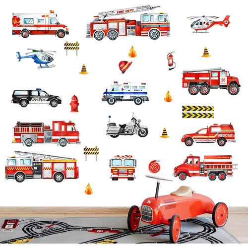 ERYI-4 Pièces Stickers Muraux Camion De Pompiers, Jeux Muraux Camion, Décoration À Suspendre En Forme De Camion De Pompier, Mural Transport Voitures, Pompiers Pour Voiture Pour Chambres À Coucher