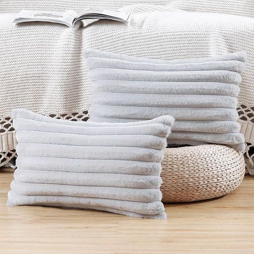 Eryi-Lot De 2 Housses De Coussin En Peluche En Fausse Fourrure Housse De Coussin Décorative Douce À Rayures Moelleuses Pour Coussin De Chambre À Coucher De Canapé Gris Clair 30 X 50 Cm